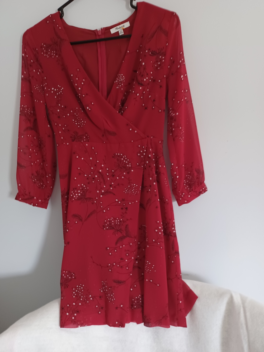 Madewell Red Floral Beaded Long-Sleeve Wrap Dress